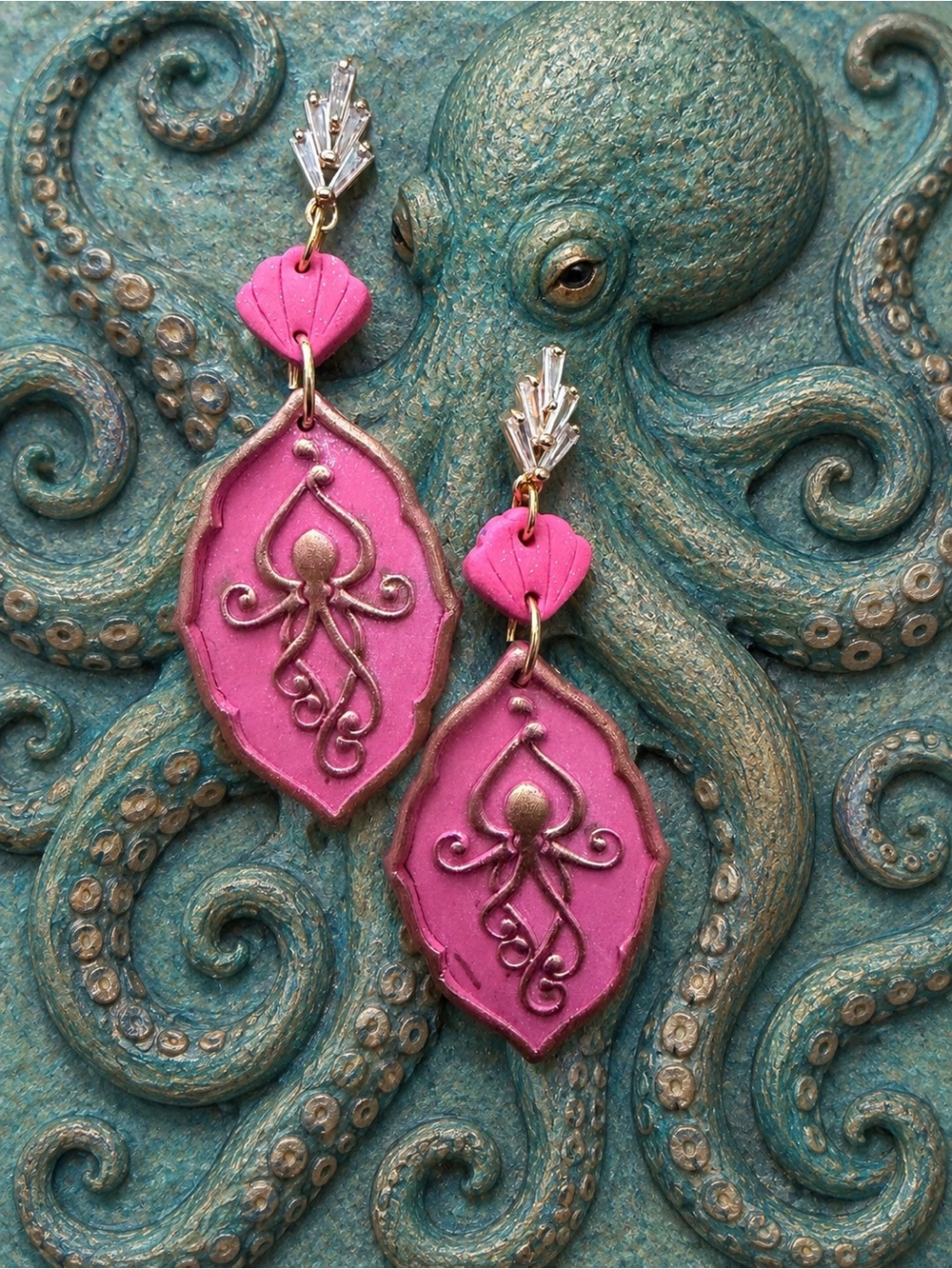 Pink Octopus Motif Drop Handmade Polymer Clay Earrings